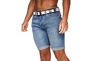 Crosshatch Mens Stretch Denim Shorts Belted Knee Length Roll Up Faded Casual New