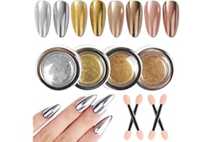 GZMAYUEN Polvo de Uñas Cromado Dorado Plateado Champán Cobre, 4 Colores Efecto Espejo Polvo Metálico Cromado para Uñas