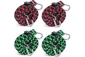 PLUZLUCE 4-Pack Adjustable Flat Bungee Cords with Hooks, 2m/78.7" Extra Long Elastic Rope, Premium Tie Down Straps for Bike, Motorcycle, Caravan, Luggage, Cargo, Surfboard, Kayak Green+Red