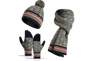 Jarseila Bonnet Écharpe Gants Tricotés Femmes Ensemble 3 Pièces Doublure Polaire Bonnet à Pompon Beanie Foulards Gants à Écran Longue écharpe d’Hiver