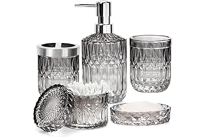 TeamSky Bathroom Accessories Set, 5PCS Glass Set, Includes Lotion Dispenser, Soap Dish, Toothbrush Holder, Tumbler and Jar, Stylish Modern Bathroom Decor (Gradient black & transparent)