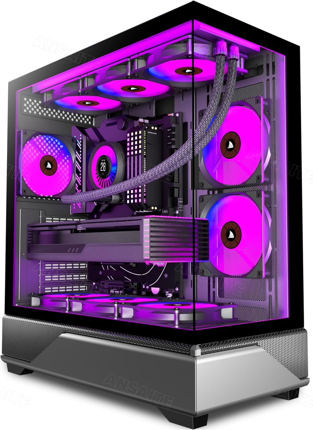 ANSAITE PC Case Pre-Installed 6 × 120mm PWM ARGB Fan, ATX Mid Tower PC Gaming Case, Computer case with Panoramic View Tempered Glass Front & Side Panel, Type C Port, Black