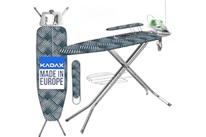 KADAX Table à Repasser pour Centrale Vapeur, Planche Pliable avec Support pour Fer, Prise de Courant, Étagère et Hauteur Réglable (120 x 38 cm, Bleu Marine)