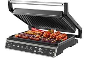 Olvy Grill de Contact avec Écran Tactile - Sans PFAS - 7 Programmes Automatiques - Ouverture 180° 1800W - Plaques Antiadhésives - Thermostat & Minuteur - Appareil à Panini & Croque-Monsieur en Acier