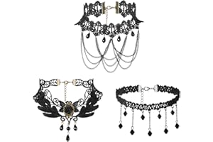 Flongo Punk Women Girl 3PCS Black Retro Gothic Lace Choker Necklace Collar Neckband, 13 inch