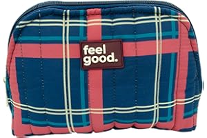 PONETTE - Neceser Mujer Vive de Tejido Acolchado Estilo Escocés Colores Marino, Rojo, Blanco y Turquesa con Texto Feel Good, Bolsa de Aseo, Viaje, Tocador, Estuche, Marca Española