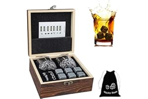 KISSDATE 6 Whisky Steine mit 2 Whisky Gläser und Samtbeutel in Edler Holz Geschenkbox, ProChosen 100% Natürlicher Granit Wiederverwendbar Geschmacksneutral Whyskiesteine für Kühlung Wodka, Gin und Mehr