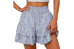 BUKKNYE Flowy Shorts for Women Dressy Bermuda Shorts Elastic High Waisted Ruffle Flowy Pleated Boho Floral Printed Cute Butterfly Short Pants