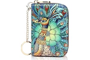 APHISON Credit Card Holder for Women Card Case RFID Blocking Ladies Cute Cartoon Artistic Coin Purses Small Wallet Pouch for Girls/Kids 10 Card Slots Gift Green Peacock