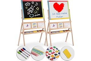‎RICOKIDS Ricokids Tablica do zabawy dla dzieci, magnetyczna tablica suchościeralna, zegar liczydło i tablica do malowania kredą, tablica dla dzieci, sztaluga z drewna