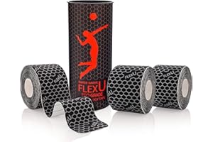 FlexU Bande de kinésiologie Noire - Paquet de 3 Rouleaux ; 60 Bandes prédécoupées de 10" - Récupération thérapeutique de Bande Musculaire synthétique hypoallergénique de qualité Professionnelle
