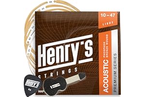 HENRYS® Premium Westerngitarre Saiten 10-47 - Gitarrensaiten Westerngitarre Mit 5 Gitarren Zubehör - String Action Gauge Fret Cloth Plektren Nagelfeile EduPack - Acoustic Guitar Strings Light