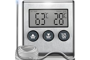 Retoo Thermomètre Cuisine pour Viande Numérique avec Sonde Thermosonde De Cuisson Minuteur Intégré Barbecue Grill Thermomètre Acier Inoxydable 0 à 250 °C 2 unités de mesure de température