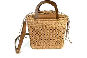 CONTRACONTACT Geflochtene Handtasche Strohtasche Damen aus Trockengras mit Henkeln aus Holz und extra zuknüpfbarem Innenbeutel als zusätzliche Diebstahlsicherung, Strohtaschen aus Bast
