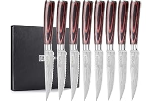 PAUDIN Coltello da bistecca, set da 8 pezzi coltelli da cucina, kit Coltelli Da Tavola per Carni Varie con lama seghettata ultra affilata e manico ergonomico in legno, Coltello Seghettato 12cm