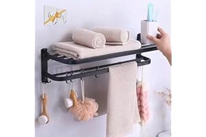 IBERO EMPORIUM toalleros de baño sin Taladro, Plegable, 60 centimetros, toallero Adhesivo baño, 5 Ganchos, Colgador Toalla baño, toallero Negro para baño, tendedero Pared, toalleros de baño, 2 colgadores de Regalo