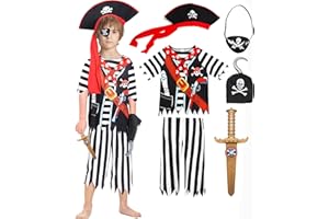 IKALI Kids Pirate Costume, Boys Caribbean Captain Costume Halloween Role Play Fancy Dress Outfit with Hat, Sword, Eyepatch, Hook 7-8 Years