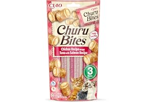 INABA Churu Bites Bocconcini di Pollo con Cuore di Tonno e Salmone - 1 Pack (3 Stick x 10gr) - Snack per Gatti Morbido e Cremoso - Cibo per Gatti Senza Conservanti o Coloranti Artificiali, Grain-Free