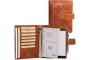 ALMADIH Agenda in pelle A6 Portadocumenti Calendario 2024 Marrone Deluxe Cartella Portablocco Organizer Porta Documenti Conferenza Anelli + Block Notes Organizzatore Carpetta