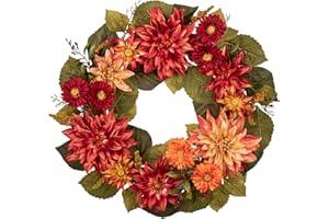 Oairse 50cm/20inch Artificial Fall Wreath for Front Door Autumn Flower Wreath with Orange Dahlia and Mums Fall Decorations for Home Halloween Farmhouse Wall Mantel Decor