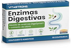 VITASTRONG. Enzymes Digestives Vitastrong avec Clous de Girofle, Mélange Complet Breveté DigeZyme, Maltodextrine, Alpha-Amylase, Protéase, Cellulase, Lipase, Lactase, 60 Comprimés Vegan Sans OGM, Gluten, Lactose