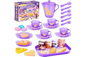 NITOY 33-teiliges Teeservice für Kinder, Lila Puppengeschirr aus Kunststoff, Kinderküche Zubehör mit Teekanne, Tassen, Tellern & Dessert-Spielzeug, BPA-freies Toy Tea Set für Mädchen & Jungen ab 3