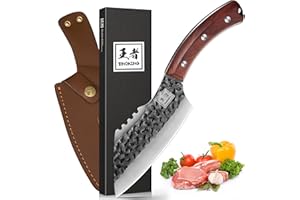 ENOKING Coltello da Chef Coltello da Cucina Forgiata a Mano Multifunzionale in Acciaio Inossidabile ad Alto Tenore di Carbonio con Fodero in Pelle Coltello Giapponese per Casa, Campeggio, BBQ
