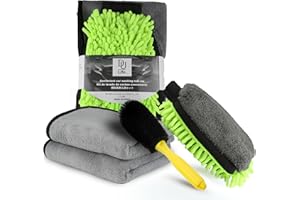 DU Life Kit Nettoyage Voiture, 4 Pièces Intérieur Extérieur, Dont 2 Serviette De Lavage De Voiture, Brosse Jantes, Gants de en Microfibres, kit Nettoyage Voitures