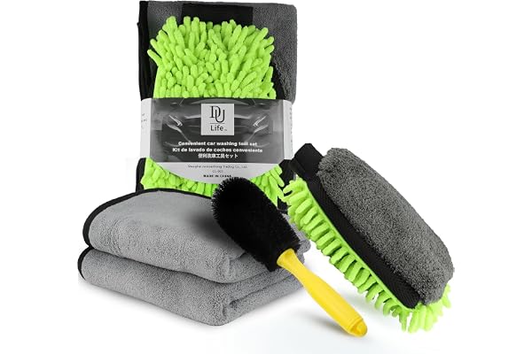 DU Life Kit Nettoyage Voiture, 4 Pièces Intérieur Extérieur, Dont 2 Serviette De Lavage De Voiture, Brosse Jantes, Gants de en Microfibres, kit Nettoyage Voitures