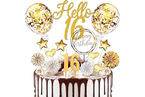 LUCKEEY Kuchen Deko 16 Geburtstag Junge Mädchen, Geburtstagsdeko 16 Jahre Tortendeko Gold, Hello 16 Cake Topper mit Geburtstagskerzen, für 16. Geburtstag Junge Mädchen