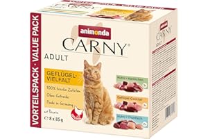 ANIMONDA CARNY Carny mokra karma dla kotów z mieszanką drobiu (8 x 85 g), mokra karma dla kotów bez zbóż i cukru, dla dorosłych kotów firmy animonda, ze świeżymi mięsistymi składnikami, praktyczne worki na porcje