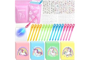 Chennyfun 16 PCS Penna Inchiostro Invisibile, con Luce UV Penna Magica e Taccuino, Unicorno Tatuaggi, Bomboniere di Compleanno, Bomboniere per feste, Regalo di Compleanno per Bambini e Bambine 3+ Anni