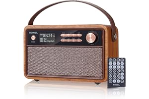 ROXEL Rétro D1 Enceinte DAB/FM Radio Wireless BT | Réveil de chevet avec fonction de veille – Extérieur rustique, rechargeable sur secteur et USB, compatible avec carte TF, AUX et USB