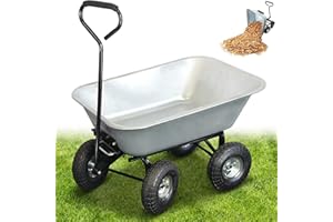 FISHTEC Carrello Manuale da Giardino 75L - Rimorchio Carriola contenitore ribaltabile 4 ruote gonfiabili Ø 260 mm - Capacità di carico max 250 KG - Manico lungo - 86 x 60,5 CM - Metallo Galvanizzato