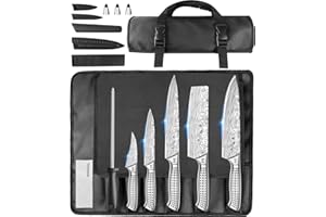 MOSFiATA Lot de 10 couteaux de cuisine en acier inoxydable avec étui, couteau de chef tranchant, protège-doigts, douilles de sabre de couteau, baguette à aiguiser, sac de transport Oxford - Idéal pour