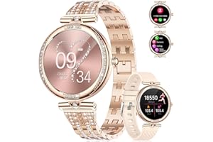 LIGE Montre connectée Femme Appels Bluetooth pour Android iOS 1,19" AMOLED Or rose Acier inoxydable Diamant Smartwatch Petite,Fréquence cardiaque,Moniteur de sommeil,Podomètre,Calories,100+ Mode Sport