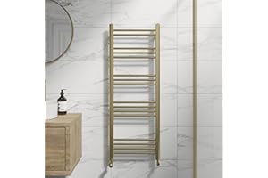 DuraTherm® 1200 x 450mm Flat Straight Heated Towel Rail Radiator Modern Central Heating Bathroom Warmer Wall Mounted Ladder Rad, Brushed Brass
