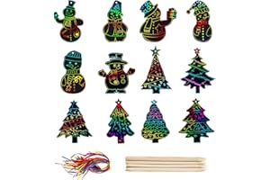 HOPTON 48 Stück Weihnachten Kratzbilder für Kinder, Bastelset Weihnachter Regenbogen Kratzbilder mit Holzstiften und 48 Bändern - Kleine Geschenke Advents, Scratch Paper for Mitgebsel Weihnachtsgeschenke