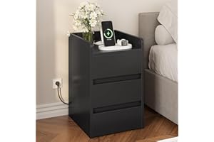YITAHOME Mesita de Noche de 3 Cajones, Mesita de Noche con Estación de Carga, 2 Puertos y Tomas USB, Mesa Auxiliar Impermeable para Salón y Dormitorio, 35 x 40 x 60 cm (Negro)
