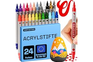 ‎ARTISTRO Artistro 24 Acrylfarbenmarker für Stoff, Steine, Papier, Holz, Leinwand, Glas, Heimwerken – sicher für Kinder, Acrylfarbenstifte mit Doppelspitze (Doppelspitze Punkt + Pinsel, 24)