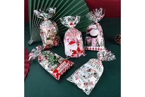 BSEICAL 100 Pièces Sachet Plastique Cadeau Noel Transparent, pour Biscuits Bonbons Gâteaux Chocolat, Sacs Cadeaux Père Noël Renne Bonhomme de Neige Fête Sac