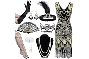 SEKEPINGO 12Pcs 1920s Sequin Fringed Dress with Accessories, Roaring 20's Great Gatsby Flapper Dress with Headband Pearl Necklace for Women Ladies