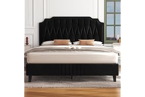 Yaheetech 4ft6 Double Bed Frame Upholstered Platform Bed with Adjustable Button Tufted Headboard/Velvet Fabric/Sturdy Wooden Slat Support/No Box Spring Needed, Black Double Bed