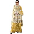 Miss Ethnik Women's Beige Net Semi Stitched Top With Stitched Net Bottom and Net Dupatta Embroidered Flared Top Dress Material (Kurta Palazzo Set) (D-1027)_Free Size
