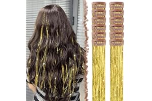 FESHFEN Tinsel Extension Capelli con clip, 12 Pezzi Glitter per Capelli Accessori da Festa e Look Fatina Kit Strass per Donne, Oro 50 cm