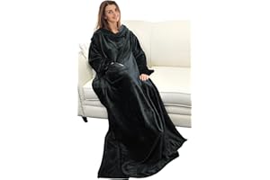Catalonia Classy Decke mit Ärmeln als Geschenk für Frauen Herren, Flauschig Fleece Tragbare Kuscheldecke mit Ärmel, Cozy Warm Decke zum Anziehen Ärmeldecke Erwachsene, 185 x 130 cm Schwarz
