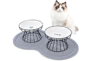 Dorakitten 2 Packs Elevated Cat Bowls with Non-Slip Mat, Anti-Vomiting Raised Cat Food Plates with Metal Stand, Protect Cat’s Spine, Dishwasher Safe Ceramic Cat Dishes, Pet Food Feeding Station