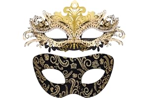 SIQUK Máscara de metal para baile de máscaras para parejas, máscara veneciana para Halloween, máscara de Mardi Gras para parejas, mujeres y hombres, aleación incrustada en negro y dorado
