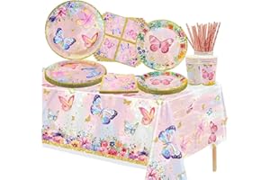XJLANTTE 106 PCS Butterfly Birthday Party Supplies - Butterfly Plates, Napkins, Cups, and Tablecloth for Girls Baby Shower, Fairy Themed Party Decorations, Serves 20 Guests