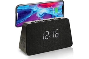 Grouptronics GTQ-RENEW Wireless Charging Alarm Clock Radio - Dimmable Display, USB Charging, FM Radio, Dual Alarms, No Tick Alarm Clock Bedside - Black with Black Cloth screen